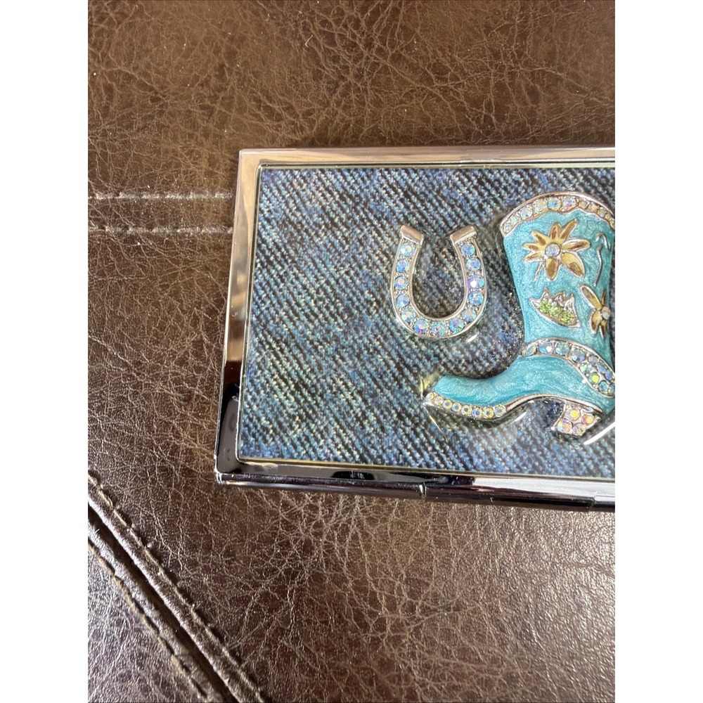 Western Cowgirl Compact Mirror Turquoise Boot Horseshoe Rhinestone Denim Purse - Picture 2 of 16